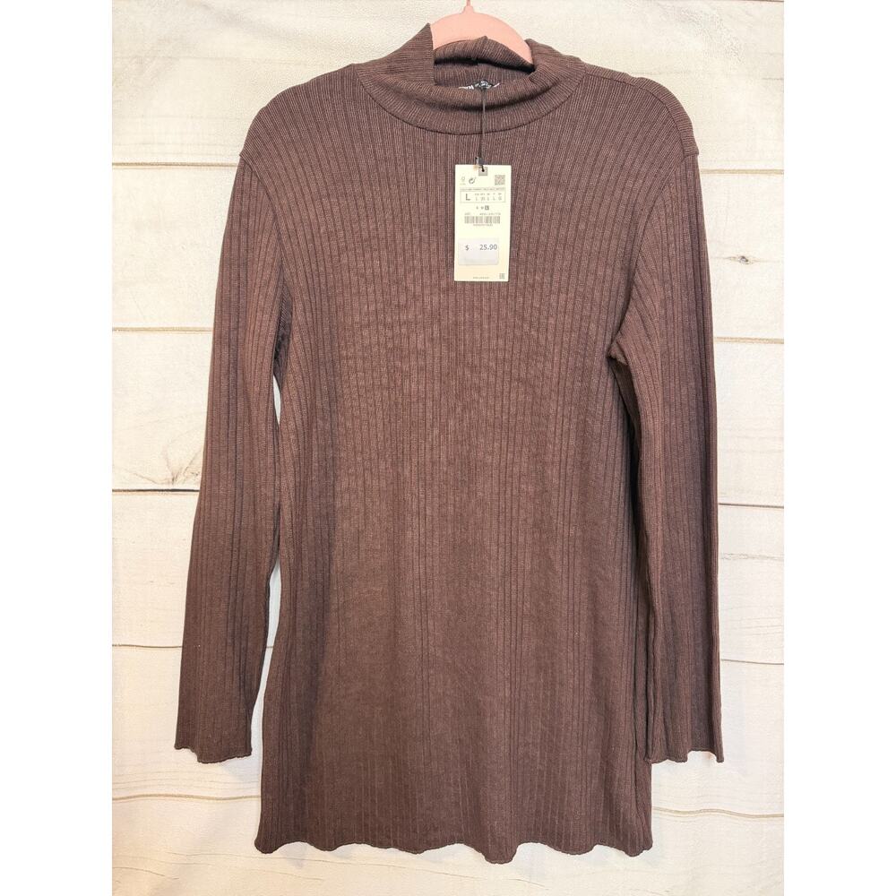Zara NWT Brown Sweater Ribbed‎ High Neck Winter Ready Comfy Fit L